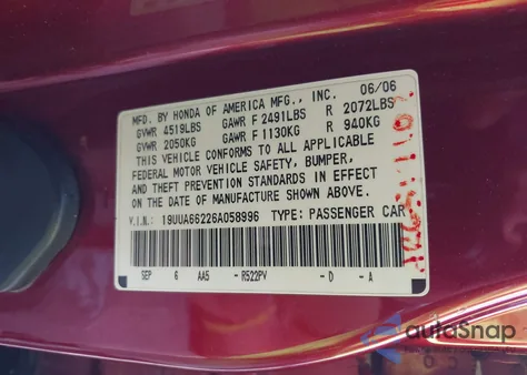 2006 Acura Tl from USA, damaged, VIN 19UUA66226A058996